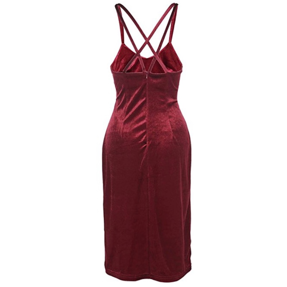 Plush Burgundy Velvet Midi Bodycon Dress - Picture 5 of 6